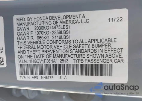 2022 Honda Accord Sport из США, поврежденный, VIN 1HGCV1F36NA112813